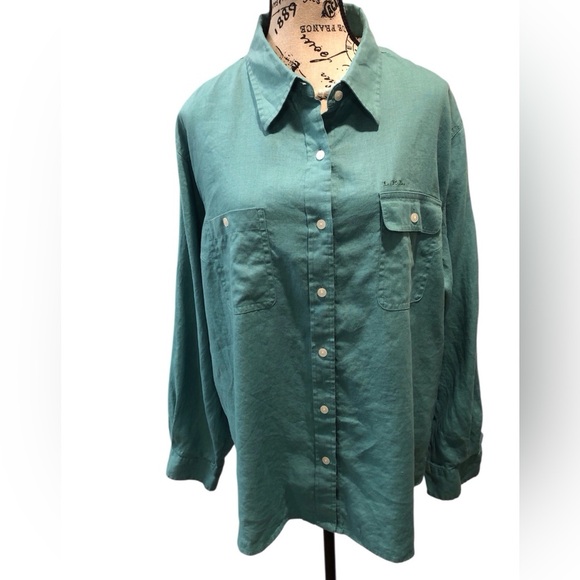 Lauren Ralph Lauren Womens 3X Emerald Green 100% Linen Button Up Blouse L/S - Picture 1 of 5
